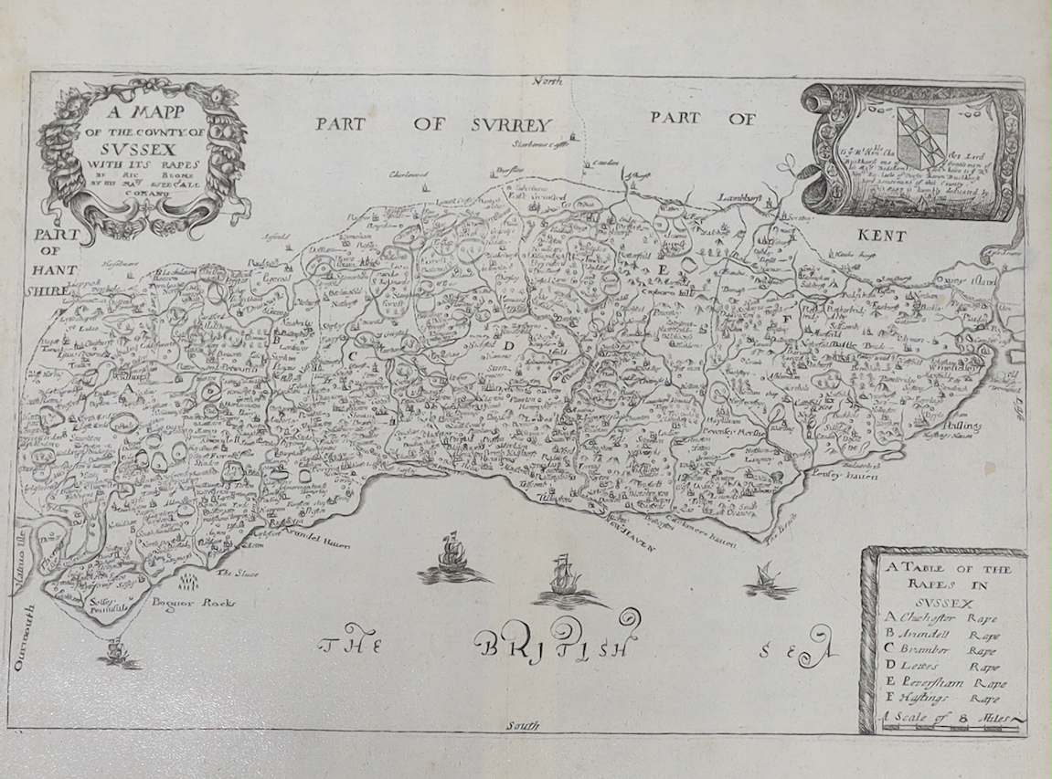 Three unframed 17th century maps of Sussex; Richard Blome, 31 x 35cm, Robert Morden, 38 x 44cm and Johannes Blaeu, 42 x 56cm